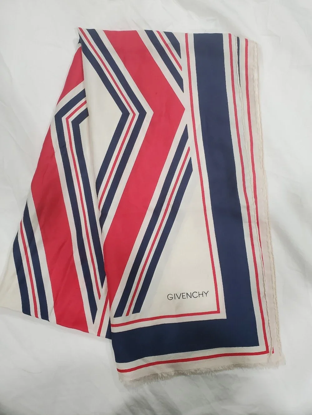 Vintage Givenchy Paris Silk Scarf Made France Soie 68x17 Geometric Red Navy